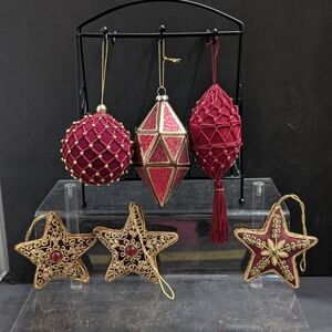 Vintage Lot 6 Elegant Red Gold Beaded Crochet Fabric Christmas Ornaments